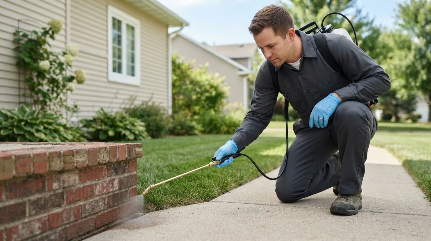 Pest control technician treating a home near Alburgh, VT